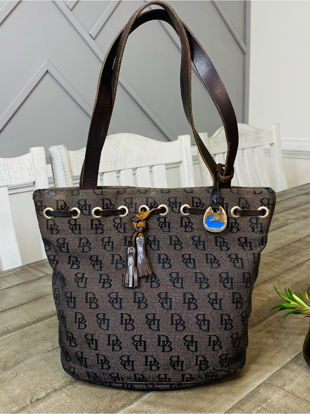 Vintage Dooney & Bourke Signature Monogram Tassel Canvas Bucket Bag Tote Y2K
